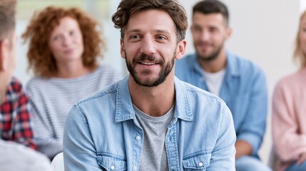 Fototapeta premium Man shares his experience in a support group, smiling and looking engaged with others