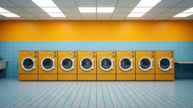 A blue tiled room featuring a row of yellow laundry machines