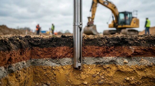 Medium closeup showing a soil and sediment sampler being inserted into construction site ground with layers of earth and tered rocks.