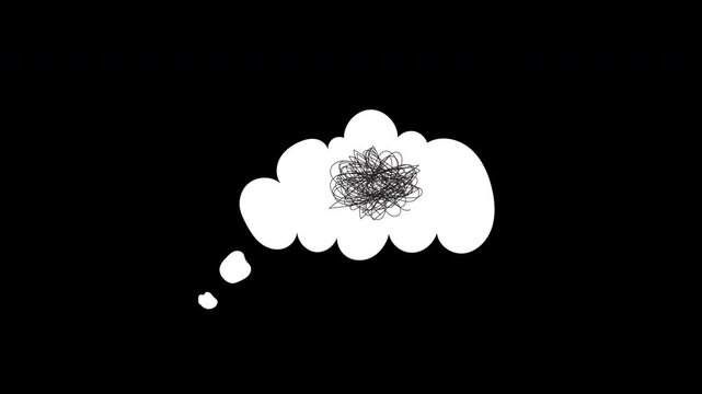 Animated white speech bubble with tangled scribble on black background. loop animation. for mental health topic. 