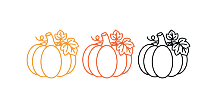 Pumpkin Autumn Harvest Line Art Collection, Hand Drawn Thanksgiving Pumpkin With Leaves And Botanical Elements, Seasonal Outline Illustration Set