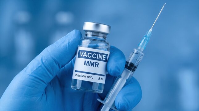 mmr vaccine syringe and glass vial held by a healthcare worker in blue gloves.