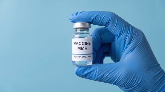 mmr vaccine vial held by a medical professional in blue gloves.