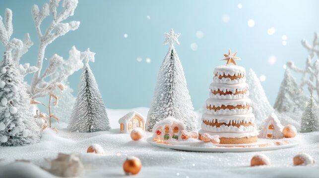 Christmas Gingerbread Cake with Snowy Fir Trees