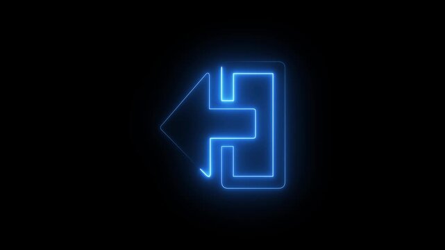 Blue neon glowing exit icon on a black background