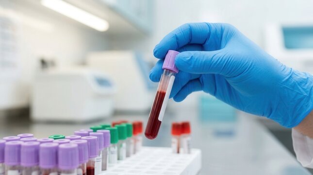 Veterinary clinic blood test lab work with a close-up of a gloved hand holding a sample tube