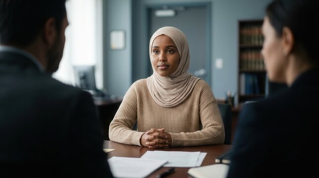 A formal setting interview where an asylum seeker discusses legal needs and rights with attorney support.