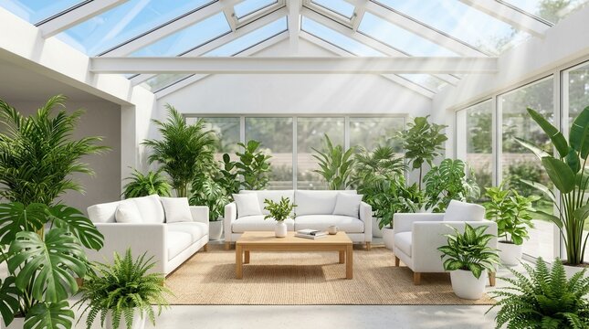 Sunny glass roof skylights illuminating a spacious modern living room interior with comfortable white sofa and lush tropical houseplants