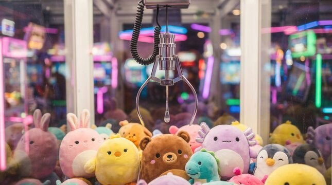 Interior of an arcade with a claw machine holding claw poised over plush toys