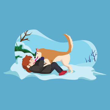 A cartoon boy lies in the snow laughing as a golden dog licks his face in a winter landscape.