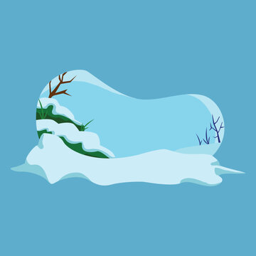 A flat design cartoon illustration of a winter landscape featuring snow drifts, bare trees, green shrubs, and a frozen pond.