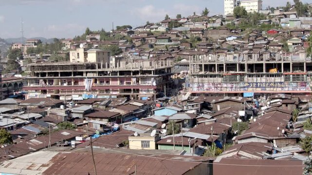 Static view of the densely populated city and slums of Dessie, Ethiopia on a sunny day.