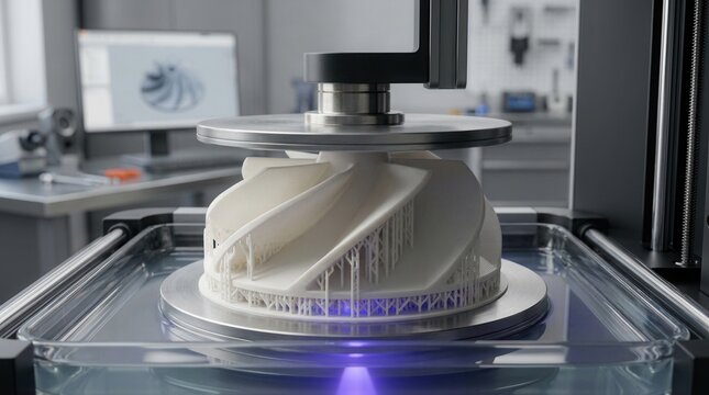 Production of a polymer-based pump impeller on a resin 3D printer with smooth surfaces for fluid dynamics testing.