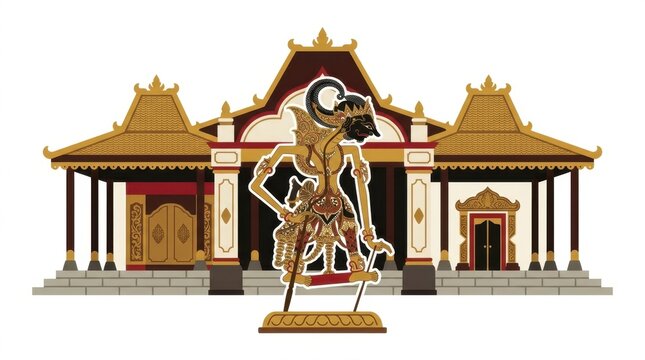 Traditional Javanese wayang kulit puppet and joglo house illustration