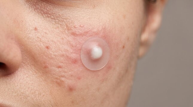 Hydrocolloid pimple patch absorbing pus on a large acne blemish on cheek