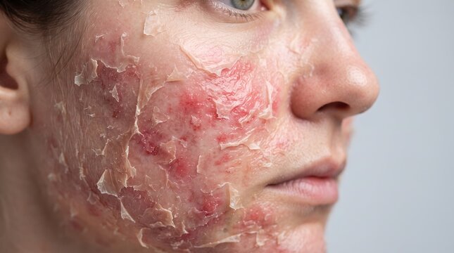 Close up of woman face with severe skin peeling and redness after chemical peel