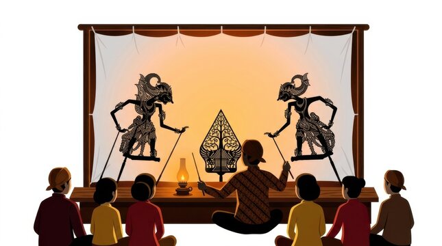 Traditional Indonesian Wayang Kulit Shadow Puppet Show with Audience
