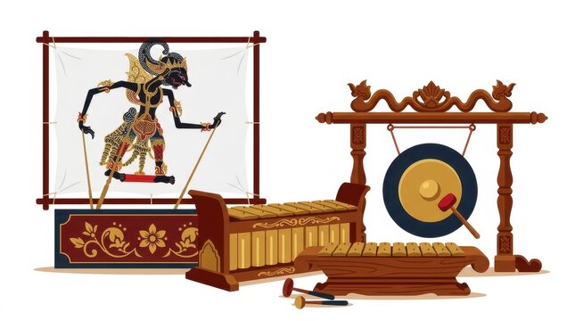 Indonesian Wayang Kulit Puppet and Gamelan Musical Instruments