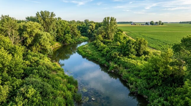 Dense tree and shrub plantings within riparian buffer zones alongside a stream to protect water quality and prevent erosion in farmland.