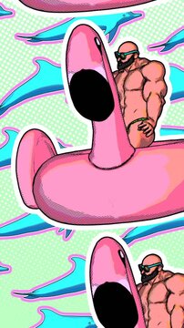 Seamless funny vertical video of dolphins and bodybuilders.Zine culture video loop. summer concept background in cartoon comic style.