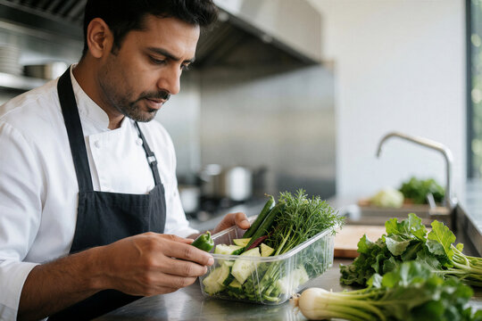 Indian chef inspecting fresh green vegetables in restaurant kitchen
