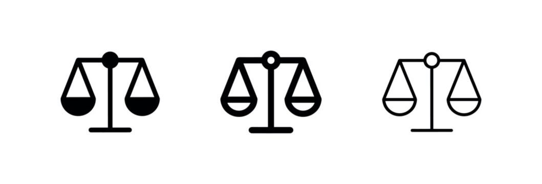 Scales of justice icon set. Symbol for law, balance, equality, and fairness.