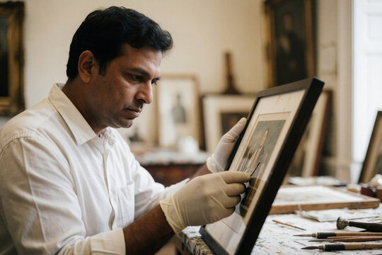 Indian conservator retouching antique painting in restoration studio