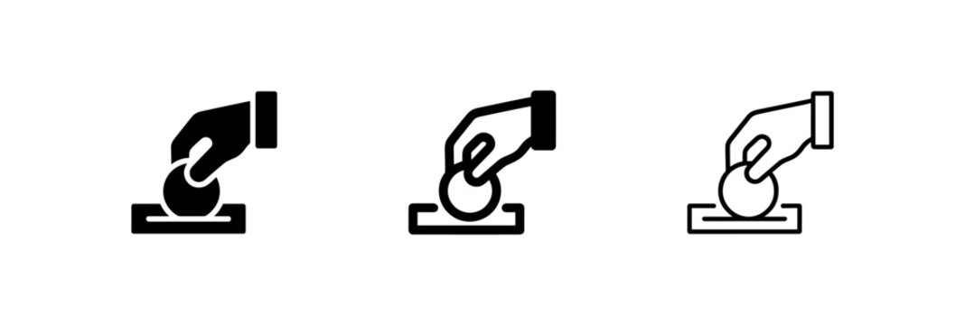 Hand inserting coin into slot icon set. Donation and payment symbols for savings, charity, and finance.