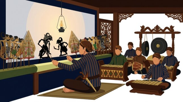 Indonesian wayang kulit shadow puppet performance with gamelan