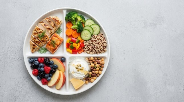 Portioned foods arranged on a balanced plate over a neutral background