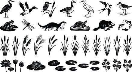 Fototapeta premium Wetland Wildlife Silhouette Set With Birds Animals Plants And Pond Elements