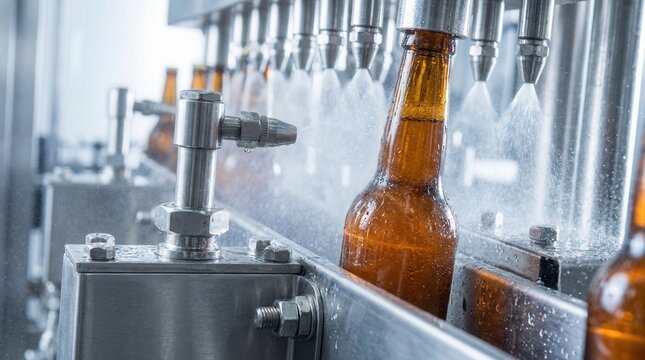 Machinery and automation in the industrial beer bottling process for professional sterilization and disinfection.