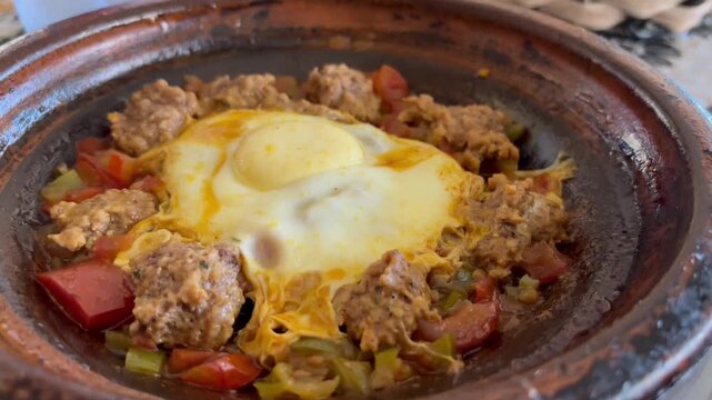 Traditional Moroccan Food. A Tajine with meat and egg