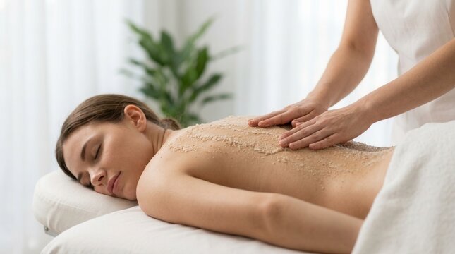 Relaxing spa treatment featuring a soothing body scrub on a woman's back