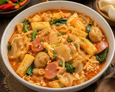 Delicious and filling Indonesian Seblak, with rich, spicy broth, meatballs, tofu, and green vegetables. Perfect for a hearty meal or culinary exploration. A traditional Southeast Asian snack.