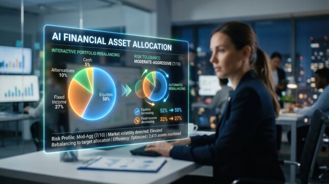 Professional Woman Leveraging Advanced AI Technology for Financial Asset Allocation and Strategic Investment Analysis on a Futuristic Interactive Display in a Modern Office Environment
