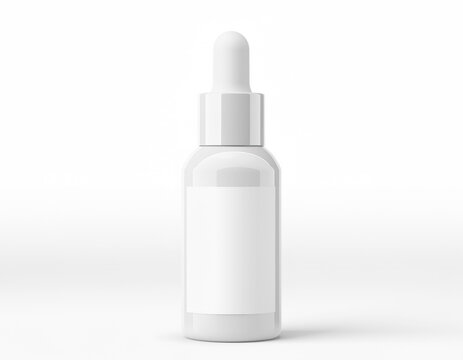 Photorealistic white skincare serum dropper bottle mockup with blank empty label, cosmetic packaging, product design, clean background, commercial stock photography.