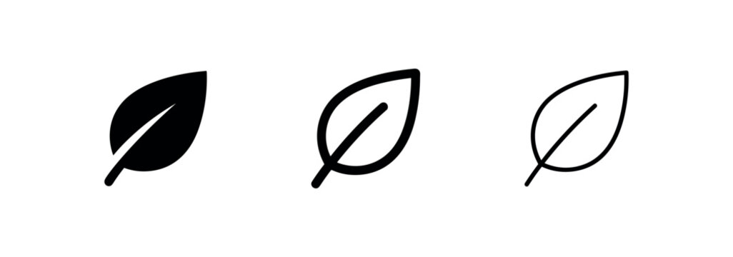 Green leaf icon set. Nature, plant, and eco symbol in outline and solid styles.