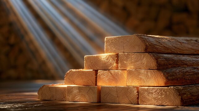Stack of rough-cut lumber illuminated by dramatic sunbeams, highlighting wood grain and texture.