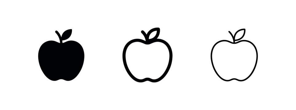 Apple icon set. Fruit, healthy food, and nature symbol in outline and solid styles.