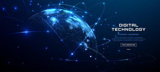 Fototapeta na wymiar Digital world map with glowing network connections, orbital lines and illuminated dots around blue globe with copy space. Futuristic global internet, communication and technology concept. Vector