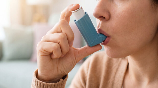 A woman uses a blue inhaler for asthma, spraying bronchodilator medication into her mouth to relieve breathing difficulty. Concept of bronchial therapy, allergy management, and respiratory health.