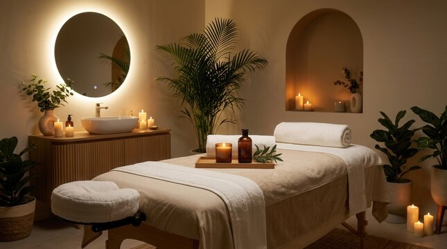 A massage table prepared for spa treatment within an ambient room