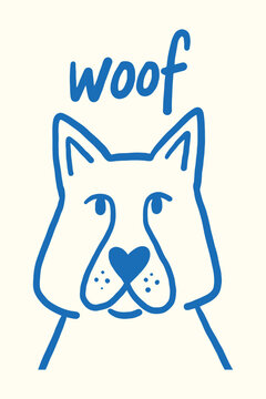 Blue line drawing depicts a canine head with the word woof above it