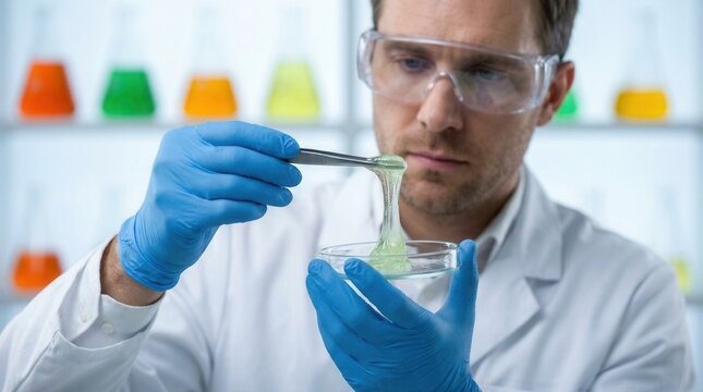 A medium shot of a scientist in a modern lab examining biobased synthetic polymer resin with plant-derived monomers for sustainable materials research.