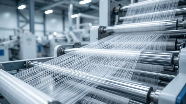 Delicate strands of fine polyester staple fibers being spun on automated lines in a closeup medium shot.