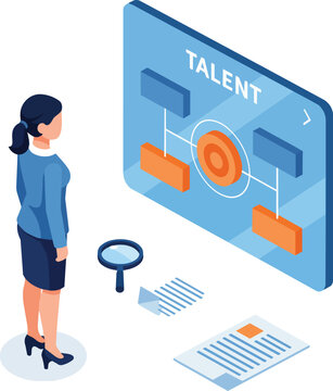 Isometric woman analyzing talent management dashboard with flowchart and magnifying glass, concept for HR, recruitment and career development.