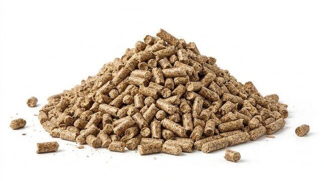 Piled animal feed pellets isolated on a clean white background