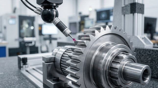 CNC coordinate measuring machine performing precision engineering analysis on a metal gear