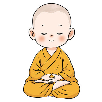 Watercolor Illustration of a Cute Cartoon Little Monk Meditating with Eyes Closed